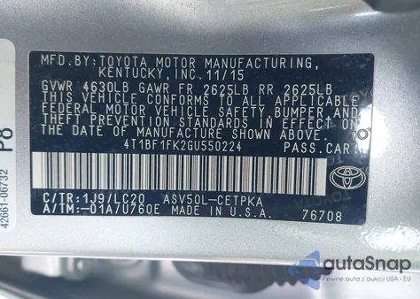 2016 Toyota Camry Xse from USA, damaged, VIN 4T1BF1FK2GU550224